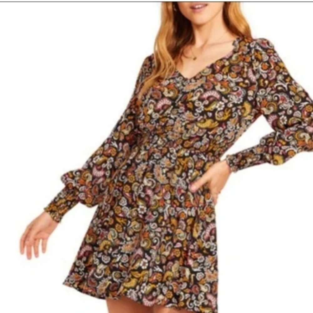 BB Dakota Steve Madden NEW Black Paisley Print Long Sleeve V Neck Mini Dress XL